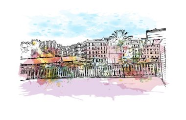 El Oued 'in simgesi olan Print Building Manzarası Cezayir' deki şehirdir. Vektörde elle çizilmiş resim ile suluboya sıçraması.