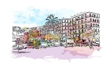 El Oued 'in simgesi olan Print Building Manzarası Cezayir' deki şehirdir. Vektörde elle çizilmiş resim ile suluboya sıçraması.