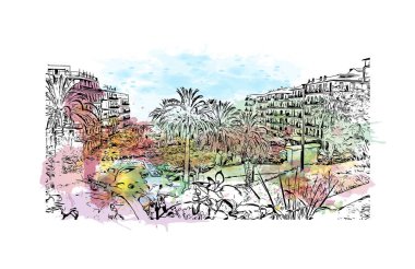 El Oued 'in simgesi olan Print Building Manzarası Cezayir' deki şehirdir. Vektörde elle çizilmiş resim ile suluboya sıçraması.