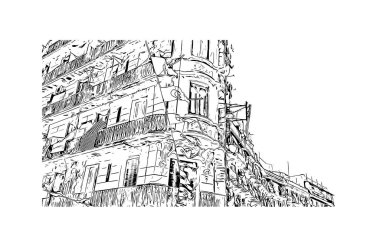 El Oued 'in simgesi olan Print Building Manzarası Cezayir' deki şehirdir. Vektörde elle çizilmiş çizim çizimi.