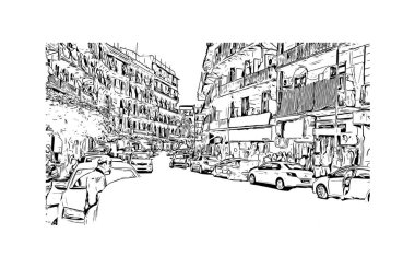 El Oued 'in simgesi olan Print Building Manzarası Cezayir' deki şehirdir. Vektörde elle çizilmiş çizim çizimi.