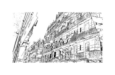 El Oued 'in simgesi olan Print Building Manzarası Cezayir' deki şehirdir. Vektörde elle çizilmiş çizim çizimi.