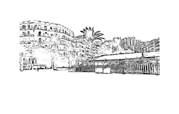 Drukuj Widok Budynku Przełomem Oued Miasto Algierii Ręcznie Rysowany Szkic — Wektor stockowy