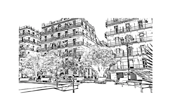印刷El Oeuedのランドマークとビルの景色はアルジェリアの街です 手描きのスケッチ図ベクトル — ストックベクタ