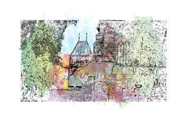 Print Building view, Polonya 'nın kuzeyinde yer alan bir şehirdir. Vektörde elle çizilmiş resim ile suluboya sıçraması.