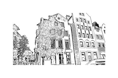 Print Building view, Polonya 'nın kuzeyinde yer alan bir şehirdir. Vektörde elle çizilmiş çizim çizimi.