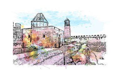 Erzurum 'un tarihi yapısına sahip Print Building view, Türkiye' nin kentidir. Elle çizilmiş robot resimle suluboya sıçraması