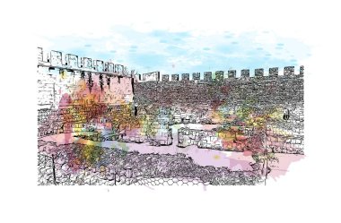 Erzurum 'un tarihi yapısına sahip Print Building view, Türkiye' nin kentidir. Elle çizilmiş robot resimle suluboya sıçraması