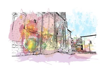 Erzurum 'un tarihi yapısına sahip Print Building view, Türkiye' nin kentidir. Elle çizilmiş robot resimle suluboya sıçraması