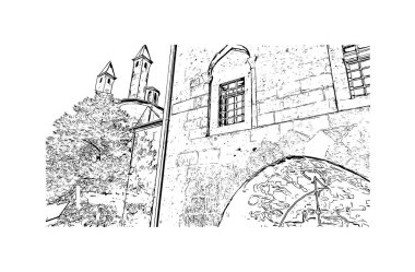 Erzurum 'un tarihi yapısına sahip Print Building view, Türkiye' nin kentidir. Vektoyla el çizimi çizimi çizimi