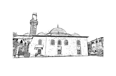 Erzurum 'un tarihi yapısına sahip Print Building view, Türkiye' nin kentidir. Vektörde elle çizilmiş çizim çizimi.
