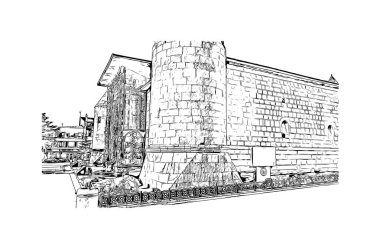 Erzurum 'un tarihi yapısına sahip Print Building view, Türkiye' nin kentidir. Vektörde elle çizilmiş çizim çizimi.