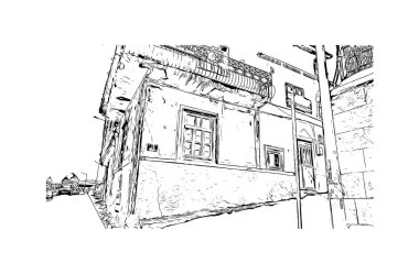 Erzurum 'un tarihi yapısına sahip Print Building view, Türkiye' nin kentidir. Vektörde elle çizilmiş çizim çizimi.