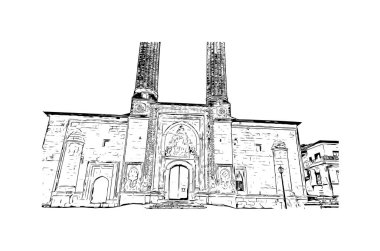 Erzurum 'un tarihi yapısına sahip Print Building view, Türkiye' nin kentidir. Vektörde elle çizilmiş çizim çizimi.