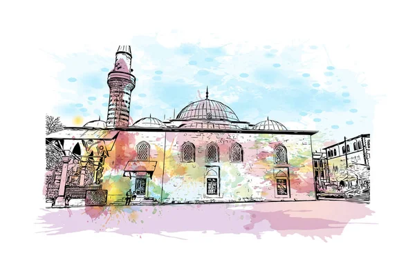 印刷エルズルムのランドマークとビルの景色はトルコの街です 手描きのスケッチイラストと水彩スプラッシュベクトル — ストックベクタ