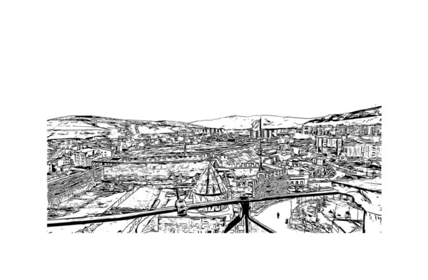 Stampa Vista Edificio Con Punto Riferimento Erzurum Città Turchia Illustrazione — Vettoriale Stock