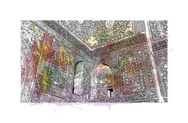 Print Building view with landmark of Isfahan is a middle Iran. Vektörde elle çizilmiş resim ile suluboya sıçraması.