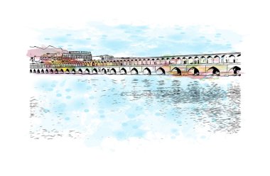 Print Building view with landmark of Isfahan is a middle Iran. Vektörde elle çizilmiş resim ile suluboya sıçraması.