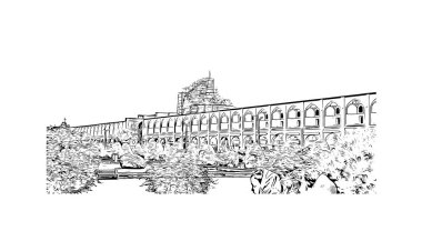 Print Building view with landmark of Isfahan is a middle Iran. Vektörde elle çizilmiş çizim çizimi.