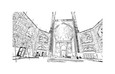 Print Building view with landmark of Isfahan is a middle Iran. Vektörde elle çizilmiş çizim çizimi.