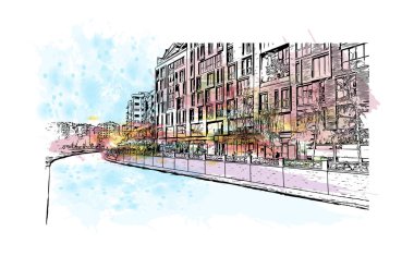 Print Building view with landmark of Eskisehir, Türkiye 'nin kuzeybatısında bir şehirdir. Vektörde elle çizilmiş resim ile suluboya sıçraması.