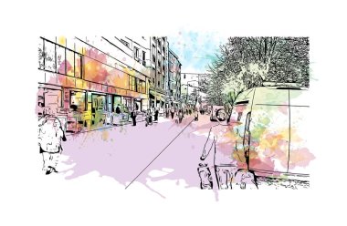 Print Building view with landmark of Eskisehir, Türkiye 'nin kuzeybatısında bir şehirdir. Vektörde elle çizilmiş resim ile suluboya sıçraması.