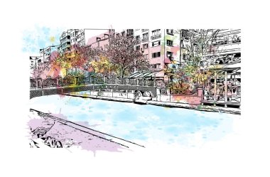 Print Building view with landmark of Eskisehir, Türkiye 'nin kuzeybatısında bir şehirdir. Vektörde elle çizilmiş resim ile suluboya sıçraması.