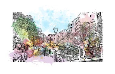 Print Building view with landmark of Eskisehir, Türkiye 'nin kuzeybatısında bir şehirdir. Vektörde elle çizilmiş resim ile suluboya sıçraması.