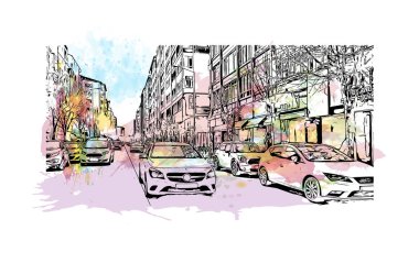 Print Building view with landmark of Eskisehir, Türkiye 'nin kuzeybatısında bir şehirdir. Vektörde elle çizilmiş resim ile suluboya sıçraması.