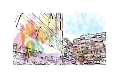 Print Building view with landmark of Eskisehir, Türkiye 'nin kuzeybatısında bir şehirdir. Vektörde elle çizilmiş resim ile suluboya sıçraması.