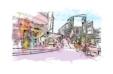 Print Building view with landmark of Eskisehir, Türkiye 'nin kuzeybatısında bir şehirdir. Vektörde elle çizilmiş resim ile suluboya sıçraması.