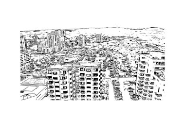 Print Building view with landmark of Esmeraldas, Ekvador 'un kuzeybatısında bir kıyı kentidir. Vektörde elle çizilmiş çizim çizimi.