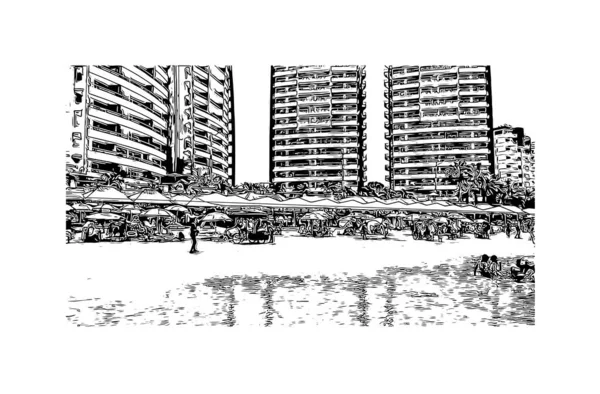 Print Building view with landmark of Esmeraldas, Ekvador 'un kuzeybatısında bir kıyı kentidir. Vektörde elle çizilmiş çizim çizimi.