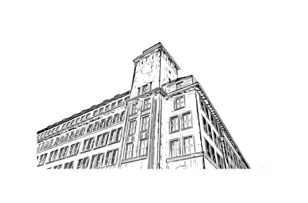 Print Building View Landmark Essen Stad Västra Tyskland Handritad Skiss — Stock vektor