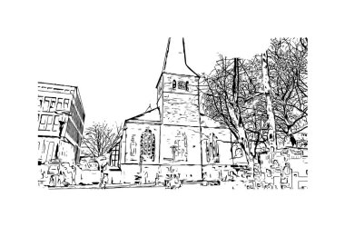 Print Building view of Essen, Almanya 'nın batısında bulunan bir şehirdir. Vektörde elle çizilmiş çizim çizimi.