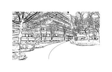 Print Building view of Essen, Almanya 'nın batısında bulunan bir şehirdir. Vektörde elle çizilmiş çizim çizimi.