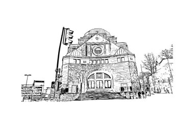 Print Building view of Essen, Almanya 'nın batısında bulunan bir şehirdir. Vektörde elle çizilmiş çizim çizimi.