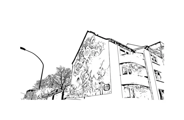 Print Vue Sur Bâtiment Avec Monument Essen Est Une Ville — Image vectorielle