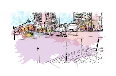 Print Building view of Essen, Almanya 'nın batısında bulunan bir şehirdir. Vektörde elle çizilmiş resim ile suluboya sıçraması.