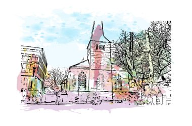 Print Building view of Essen, Almanya 'nın batısında bulunan bir şehirdir. Vektörde elle çizilmiş resim ile suluboya sıçraması.