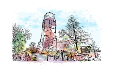 Print Building view of Essen, Almanya 'nın batısında bulunan bir şehirdir. Vektörde elle çizilmiş resim ile suluboya sıçraması.