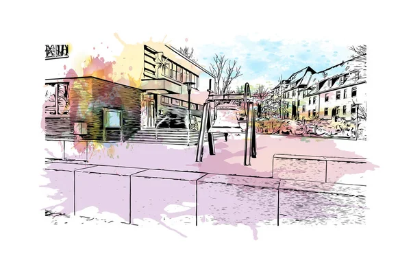 Print Building view of Essen, Almanya 'nın batısında bulunan bir şehirdir. Vektörde elle çizilmiş resim ile suluboya sıçraması.