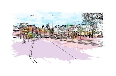 Print Building view of Essen, Almanya 'nın batısında bulunan bir şehirdir. Vektörde elle çizilmiş resim ile suluboya sıçraması.