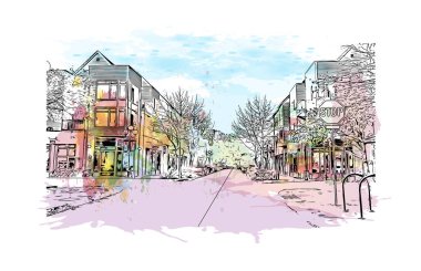 Eugene 'in simgesi olan Print Building Manzarası Oregon' da bir şehirdir. Vektörde elle çizilmiş resim ile suluboya sıçraması.