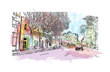 Eugene 'in simgesi olan Print Building Manzarası Oregon' da bir şehirdir. Vektörde elle çizilmiş resim ile suluboya sıçraması.