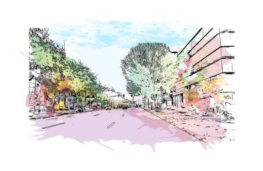 Eugene 'in simgesi olan Print Building Manzarası Oregon' da bir şehirdir. Vektörde elle çizilmiş resim ile suluboya sıçraması.