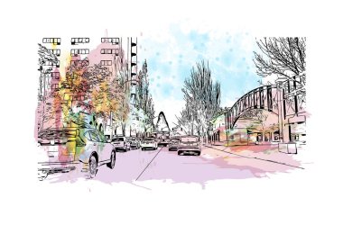 Eugene 'in simgesi olan Print Building Manzarası Oregon' da bir şehirdir. Vektörde elle çizilmiş resim ile suluboya sıçraması.