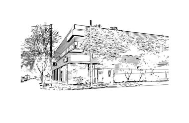 Eugene 'in simgesi olan Print Building Manzarası Oregon' da bir şehirdir. Vektörde elle çizilmiş çizim çizimi.