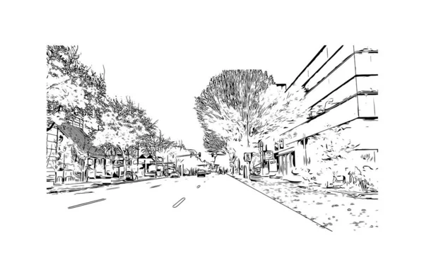 印刷ユージンのランドマークとビルの景色はオレゴン州の都市です 手描きのスケッチ図ベクトル — ストックベクタ