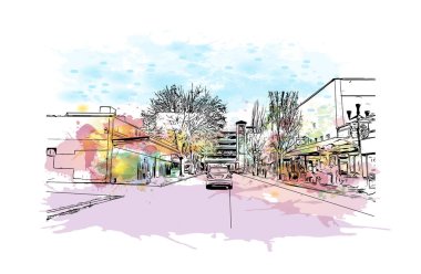 Eugene 'in simgesi olan Print Building Manzarası Oregon' da bir şehirdir. Vektörde elle çizilmiş resim ile suluboya sıçraması.